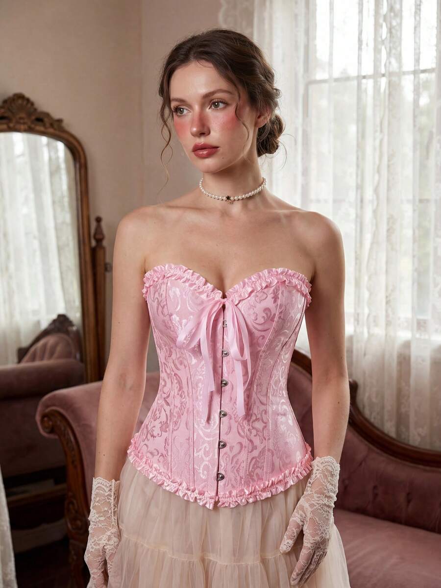 Corset Tops For Women Plus Size Lace Up Corset Top, Ruffle Strapless Corset Bustier Lingerie ,Women's Lingerie & Shapewear Corset Bonning - Hồng - Xem 1