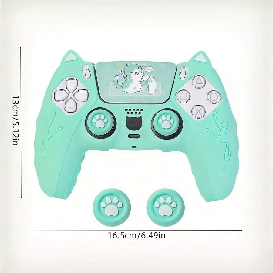 Comfortable Protective Case Set, Non-Slip And Anti-Sweat, Cute Cat Themed Case For ,  Controller With Joystick Cover And Touchpad Sticker - Soft, Gaming Accessory | Sweatproof Case - Màu xanh Bạc hà - Xem 1