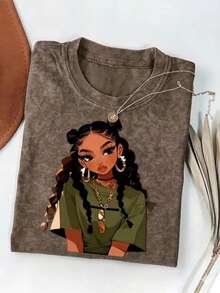 2026 复古“坏女孩”美学图案T恤，常规版型，舒适复古水洗短袖上衣，独特圆领街头风，Pinterest 时尚休闲夏季款 - 摩卡棕 - 查看 3