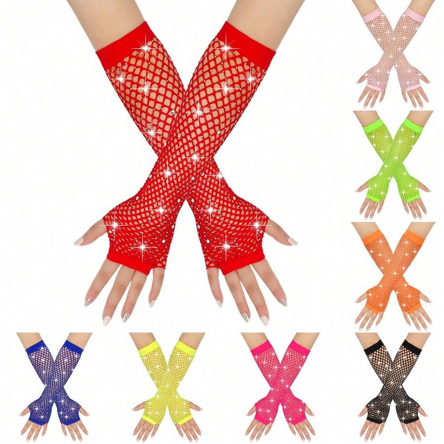 2pcs Women's 1980s Neon Street Party Punk Rhinestone Fishnet Fingerless Gloves, Halloween Party Carnival Mother's Day Gift - Multicolor - View 1