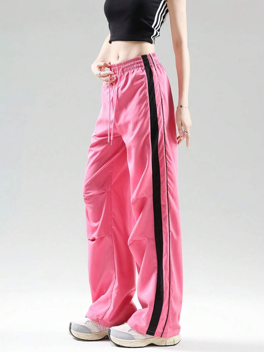 JUTU Spring/Summer Loose Woven Fabric Contrast Color Side Stripe Pleated Drawstring Women's Fashion Wide Leg Pants, Youthful Sweet Style, Lightweight & Comfortable For Casual/Holiday Wear - 0B52 Pink and Black - View 1