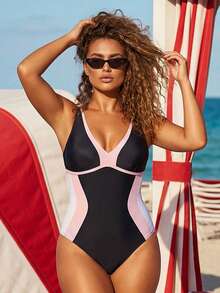 Traje de baño monokini para mujer, colores contrastantes, escote en V, espalda con lazo, sin mangas, ideal para la playa. - Negro - Ver 6