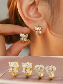 Bộ trang sức vàng 4 món, gồm bông tai hình bướm, trái tim và hình học đính đá Zirconia, không gây dị ứng, kiểu dáng thời trang thanh lịch, phù hợp để đeo hàng ngày và trong các dịp lễ hội. - Vàng - Xem 2