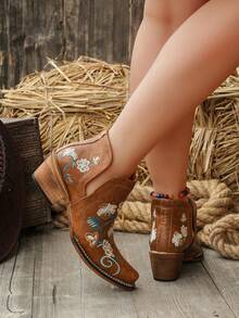 Giày bốt nữ kiểu miền Tây cổ điển màu nâu thêu, bốt cổ ngắn gót vuông đế dày, giày đi bộ thoải mái thường ngày, giày casual mũi vuông gót dày, bốt cổ ngắn theo mùa. - màu nâu - Xem 4