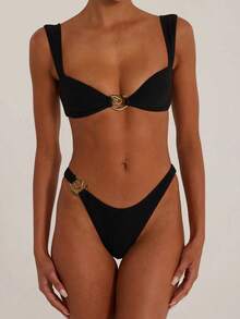 Bộ bikini nữ mùa hè đi biển, trang trí kim loại, màu đen. - màu đen - Xem 1