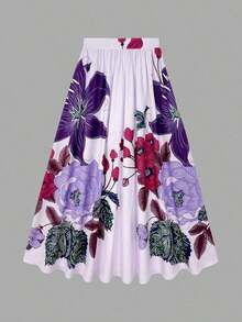 Spring And Summer New Artistic Floral Print Skirt, Light Purple Satin High-Waist Flared Skirt, Slim-Fit Mid-Length Skirt That Flatters The Figure, Suitable For Parties, Gatherings, And Everyday Wear. Design Features Include Rich Patterns And Striking Color Contrasts; With Unique Prints And Excellent Tailoring, It Becomes A Highlight In Your Wardrobe, Enhancing - Màu tím hoa cà - Xem 3