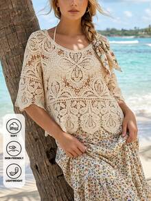 Áo kiểu ren khoét lỗ phong cách Bohemian mùa hè dành cho nữ | Áo sơ mi tay ngắn dáng rộng phù hợp cho kỳ nghỉ, lễ hội, khu nghỉ dưỡng và các lễ hội âm nhạc. - Màu be - Xem 3