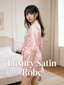 1pc Women's Solid Color Elegant Tie-Front Robe, Sexy Short Satin Silk Soft Sleepwear, Suitable For Brides, Bridesmaids, Home Wear. Wedding Season Short Dress, Letter Pattern, Kimono And Nightgown. - Bright Pink - View 5