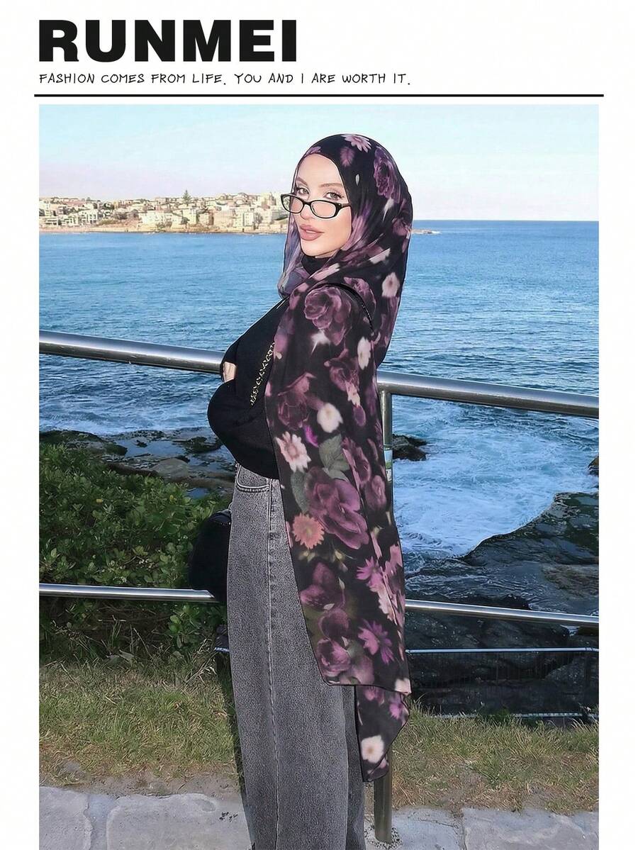 1 chiếc khăn voan chiffon in họa tiết màu nước phong cách Bohemian dành cho nữ, khăn trùm đầu thanh lịch cho mùa xuân/thu, phù hợp cho cả mặc hàng ngày và ngoài trời. - Hồng hồng - Xem 1