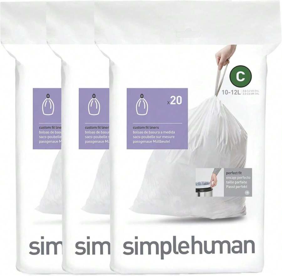 Simplehuman Code C 60 Count, Dispenser Pack Custom Fit Liners, Drawstring Trash Bags, 10-12 Liter / 2.6-3.2 Gallon, White - Màu A - Xem 1
