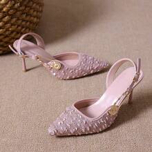 Giày sandal cao gót hở mũi màu đen và hồng đính sequin thanh lịch, thiết kế mũi nhọn với khóa kim loại, đa năng cho tiệc tùng, hẹn hò, đi làm. - Hồng - Xem 4