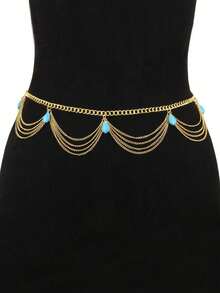 1pc Turquoise Chain Tassel Waist Chain, Fashionable Bohemian Vintage Sexy Waist Belt For Party, Holiday, Daily Wear, Gift - Gold - View 1