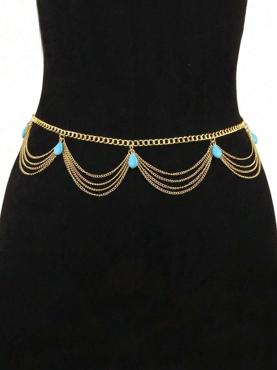 1pc Turquoise Chain Tassel Waist Chain, Fashionable Bohemian Vintage Sexy Waist Belt For Party, Holiday, Daily Wear, Gift - Gold - View 1