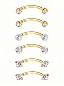 6件套不锈钢水晶锆石鼻环、唇环、眉环，低过敏性人体穿刺饰品，16G不锈钢弯头眉钉穿刺饰品套装，简约设计，适用于眉毛、耳朵、肚脐、嘴唇和身体其他部位，6/8毫米 - 眉釘 - 查看 1