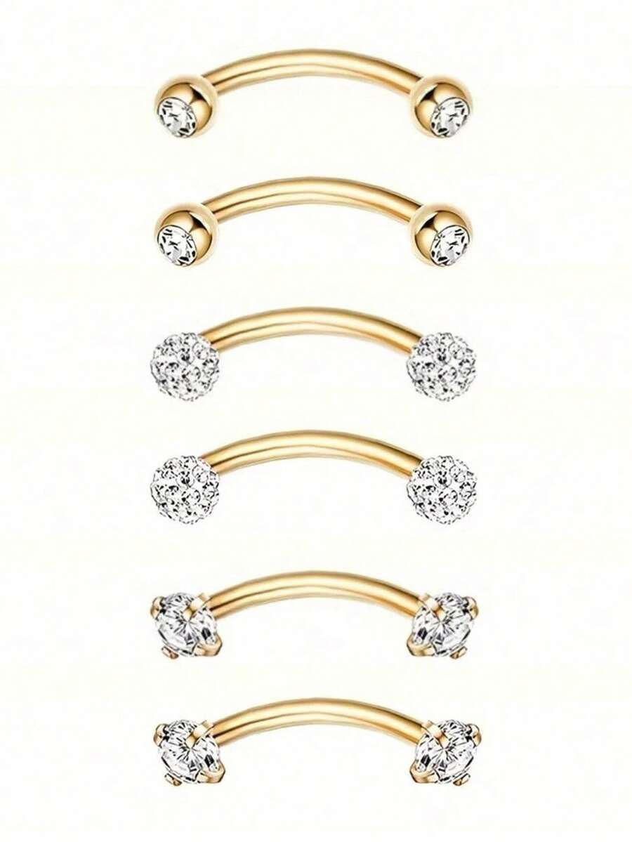 6件套不锈钢水晶锆石鼻环、唇环、眉环，低过敏性人体穿刺饰品，16G不锈钢弯头眉钉穿刺饰品套装，简约设计，适用于眉毛、耳朵、肚脐、嘴唇和身体其他部位，6/8毫米 - 眉釘 - 查看 1