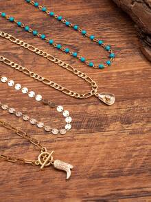 4pcs/Set Vintage Western Cowgirl Style Necklace Set, Gold Handmade Chain With Metal Cap And Boot Charm, Women Green Turquoise Necklace Fashion Jewelry, Suitable For Photo Shooting And Outdoor Travel, Women Western Jewelry - Multicolor - View 3