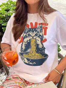 Camiseta de manga corta para mujer, holgada y casual para uso diario, camiseta retro con diseño de gato ramen, camiseta con diseño de gatito adorable, camiseta con estampado de póster vintage, top grueso, regalo divertido con diseño de animales, ropa para amantes de la comida, diseño divertido, adecuada para uso casual diario, fiestas, viajes, temporada de regreso a clases, regalo perfecto, ropa blanca de verano. - 1 - Ver 2