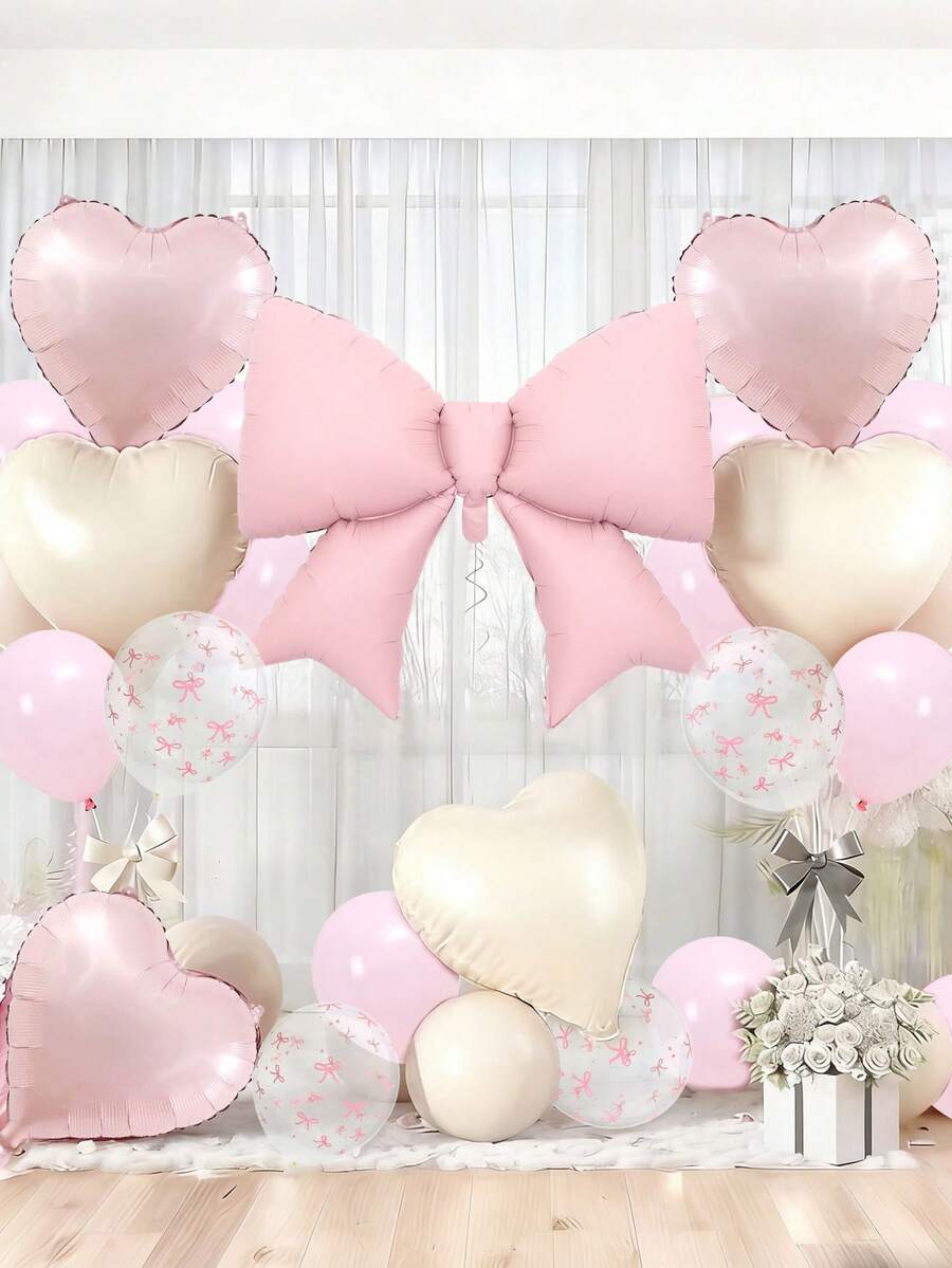 25pcs Pink Bow Balloon Set, 18" Large Bow Foil Balloons In Light Pink & Cream, 12" Bow Print Latex Balloons In Pink & White, Suitable For Birthday Party, Anniversary, Bachelorette Party, Girls' Gathering, Pink Princess Theme Decor - View 1