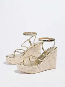 Giày sandal cao gót nữ với quai kim loại, đế xuồng đan, kiểu dáng mùa hè mới, quai đơn, đế dày, tăng chiều cao, giày La Mã, đa năng, không gây mỏi chân, phong cách bohemian, quai chéo, thích hợp cho các bữa tiệc đêm, sandal vàng dành cho nữ. - Vàng - Xem 8