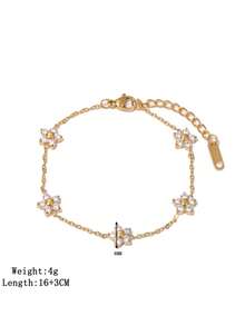 1件金色不锈钢CZ钻石花朵手链，精致5朵花吊坠，可调节链条，适合女性日常办公、婚礼派对、新娘佩戴 - 五朵花滿鑽手鍊 - 查看 8