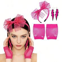 5pcs 80s Neon Color Sexy Short Fishnet Gloves, Earrings, Lace Headband, Retro Costume Accessories For Cosplay, Party, Masquerade Ball Halloween - Multicolor - View 1