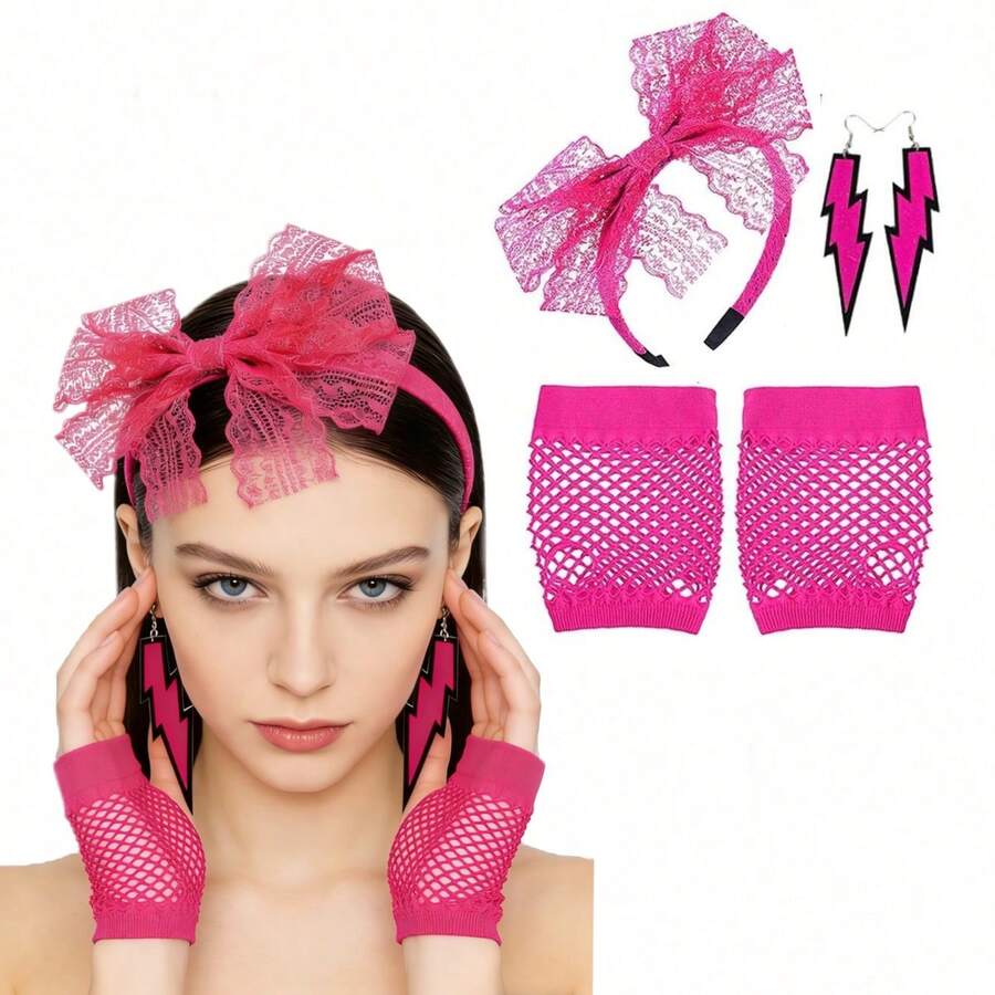 5pcs 80s Neon Color Sexy Short Fishnet Gloves, Earrings, Lace Headband, Retro Costume Accessories For Cosplay, Party, Masquerade Ball Halloween - Multicolor - View 1