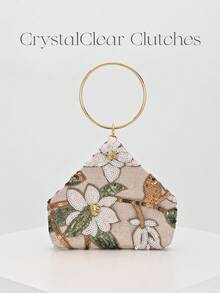 Sparkling Multi-Color Leaf & Floral Patchwork Crossbody Clutch Bag, Vintage Chain Strap Mini Square Box, Career Women, Randomly Patterned,Bride, Wedding Items - Gold - View 6