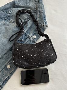 Bolso de hombro de mujer de estilo casual y elegante, hecho de poliéster, decorado con estrellas por todas partes, diseño exquisito y compacto, adecuado para salidas diarias, compras, citas, fiestas, ir al trabajo, para todas las estaciones, un regalo ideal para mujeres que buscan un estilo casual y de moda - Negro - Ver 6