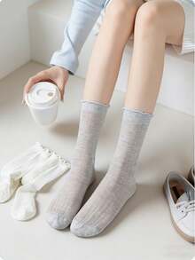 1 par de calcetines suaves y esponjosos acanalados, hechos de algodón peinado, ligeros y transpirables, adecuados para estudiantes y viajes, calcetines versátiles de media pantorrilla - Multicolor - Ver 5