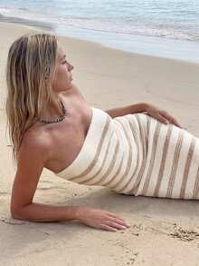 Women's Striped Print Sleeveless Knit Dress, Casual Long Knit Dress, Summer Fashion Everyday Wear Spring White - White - View 4