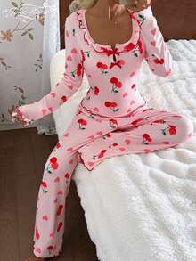 2pcs Women Casual Cherry Print Ruffle Trim Long Sleeve Square Neck Loungewear Set, Autumn - Pink - View 4