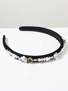 1pc New Solid Velvet Geometric Pattern Vintage Rhinestone Faux Pearl Flower Hairband, Suitable For Women To Wear At Banquets And Balls Travel Accessories - Black - View 2