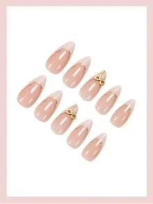 24pcs French Almond Gradient Color Nail Stickers, Y2K Style With Gold 3D Bow Decor, Glossy Finish, Removable Design, Full Coverage, Suitable For Women's Daily Wear Nails - Multicolor - View 3
