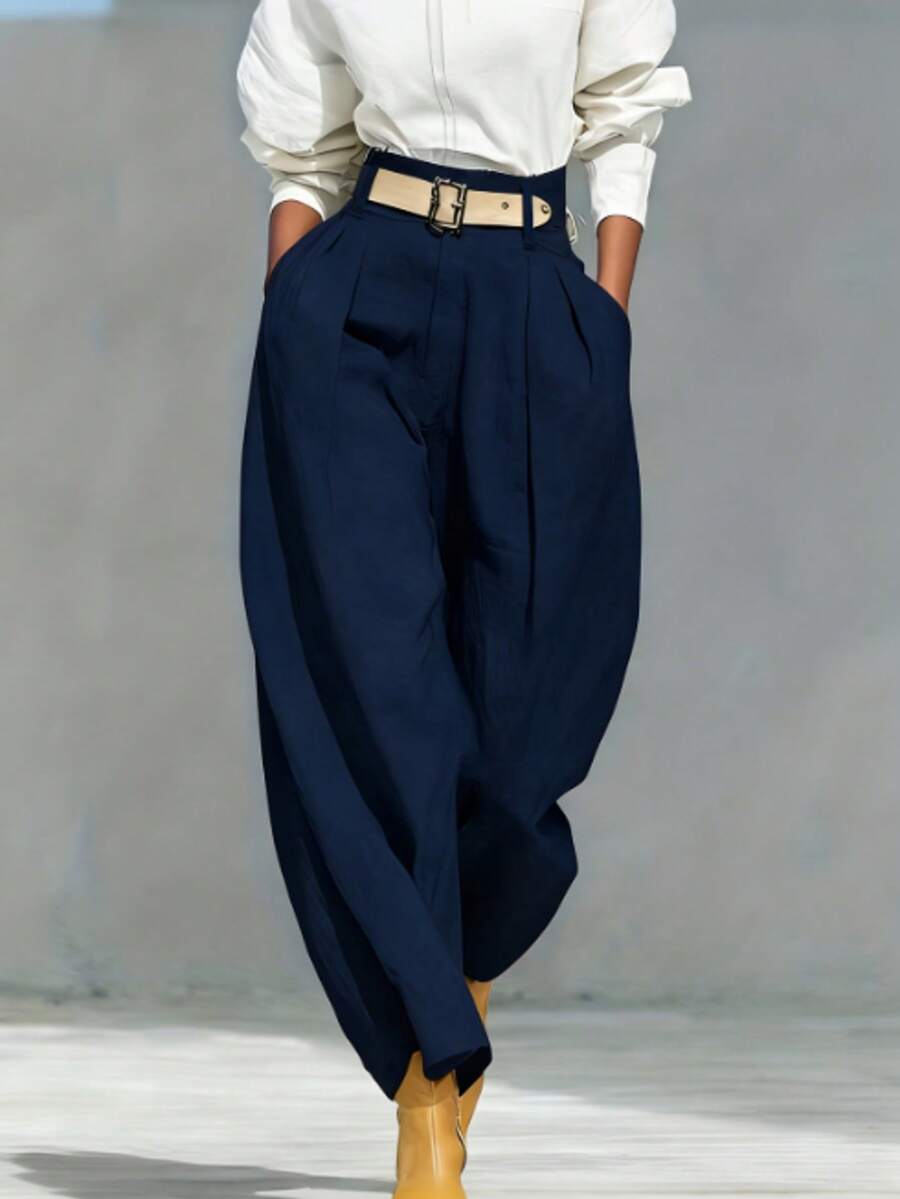 Women's Solid Color Zipper Pocket Pleated Casual Loose Pants (Belt Not Included) Spring - Navy Blue - View 1
