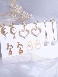 5 对时尚金属心形流苏装饰夹式耳环适合女性日常佩戴情人节、妈妈、母亲、母亲节、礼物 - 米色 - 查看 8