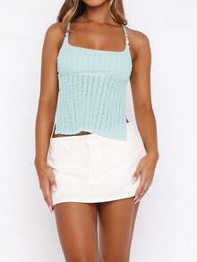 Vaiaye Women's Casual Solid Color Fitted Camisole With Shell Decor, Jacquard Texture Camisole, Suitable For Beach, St. Patrick's Day, And Commuting To Work Summer - Light Blue - View 6