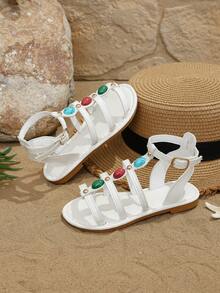 1 Pasang Sandal Musim Panas Anak-Anak Gaya Romawi dengan Hiasan Batu Permata Warna-warni, Sandal Pantai Putih Bohemian, Sandal Gaya Eksotis Retro dengan Dekorasi Paku Keling Logam Emas, Gesper yang Dapat Diatur, Cocok untuk Liburan, Perjalanan, dan Padu Padan Pakaian - Putih - View 4