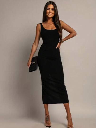 Abito midi nero con schiena scoperta e spacco, aderente e aderente, elegante per feste estive