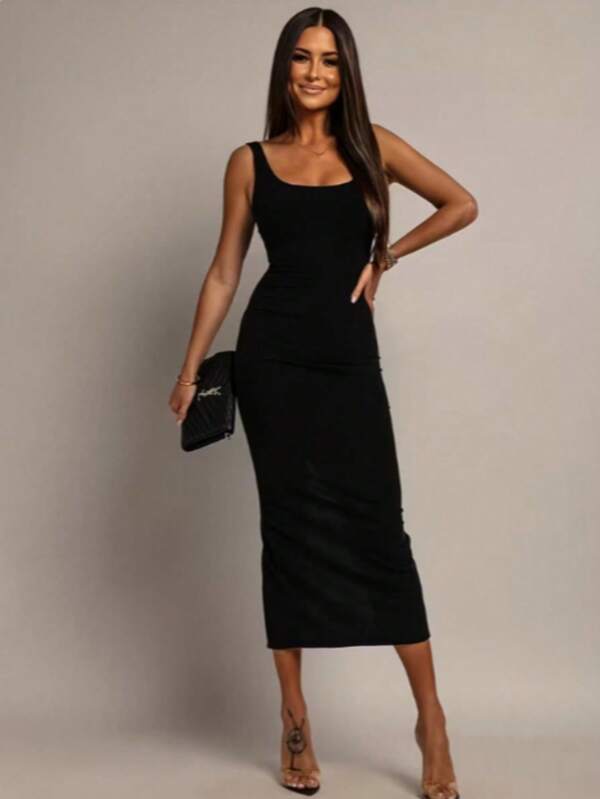 Black Backless Slit Midi Dress, Bodycon Fitted Party Dress Elegant