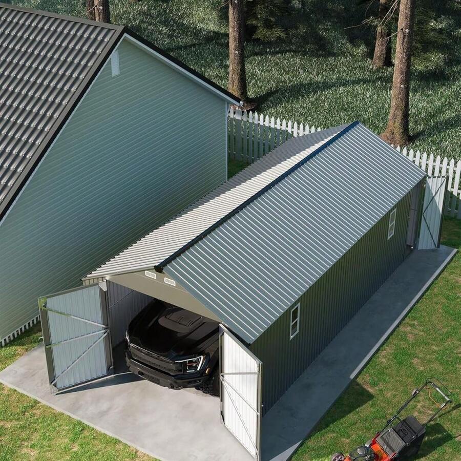 strundghti Gray 12x25 FT Metal Garage Shed, Enclosed Carport With Vertical Steel Roof And Man Door For All-Weather Vehicle Parking - A - View 1