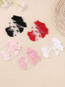 10/5/1 Pair Random Style & Color Baby Girls Lace Trim Dance Socks, Sheer Mesh Princess Socks With Bow & Heart Jacquard Design, Suitable For Daily Wear And Gift, 0-3 Years Old, Valentine's Day & Thanksgiving Gift - Multicolor - View 10