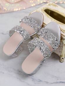 Girls' Sparkling Party High Heels | Thick Transparent Heel Dress Shoes - Silver - View 9