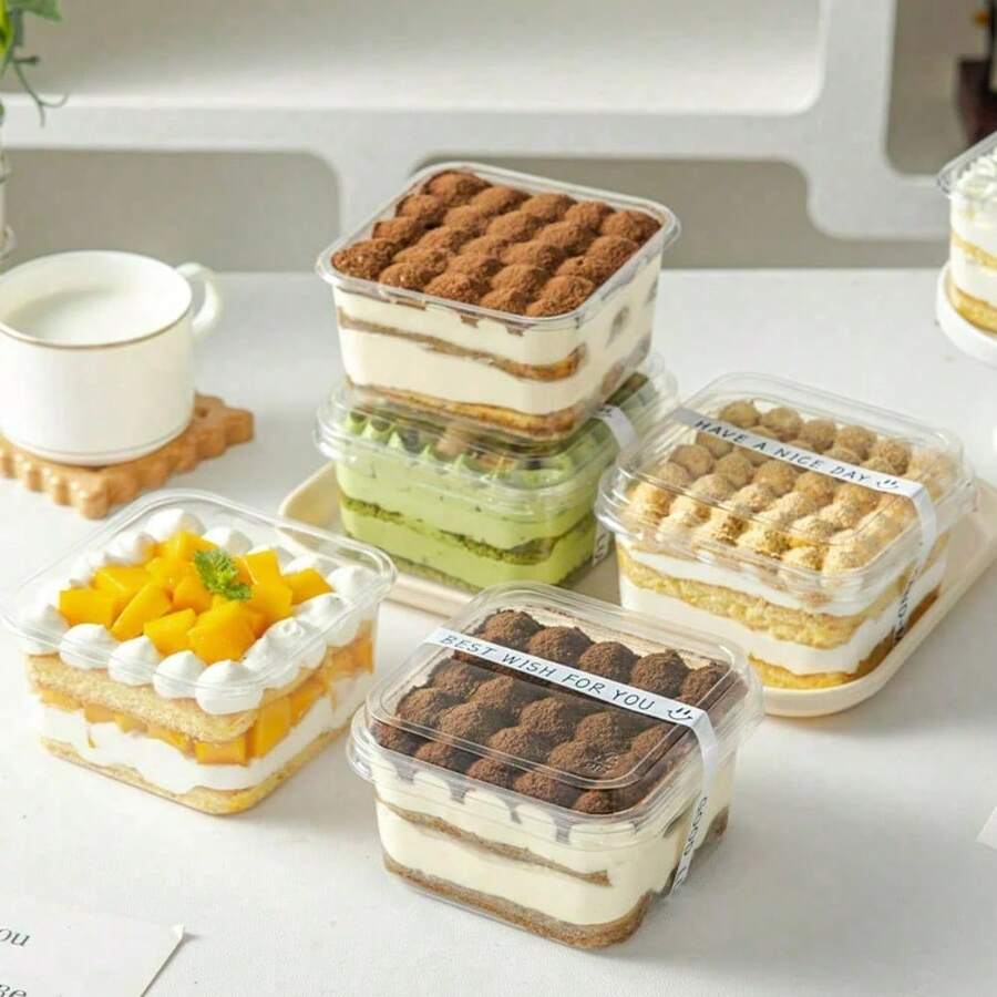 10个塑料盒，400毫升/14.08盎司，透明方形烘焙甜点容器，蛋糕/提拉米苏盒，加厚，带盖，便携，适用于餐厅/咖啡馆/面包店/甜品店烘焙用途