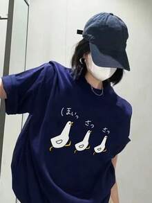 日系女式宽松圆领休闲日式鸭子卡通印花短袖T恤，春夏款 - 深藍 - 查看 4