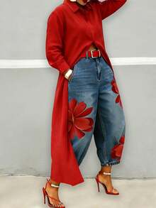 Women's Red Floral Print Cropped Jeans, Casual High-Waisted Wide-Leg Denim Jeans, Suitable For Spring, Summer And Autumn. - Blue - View 3