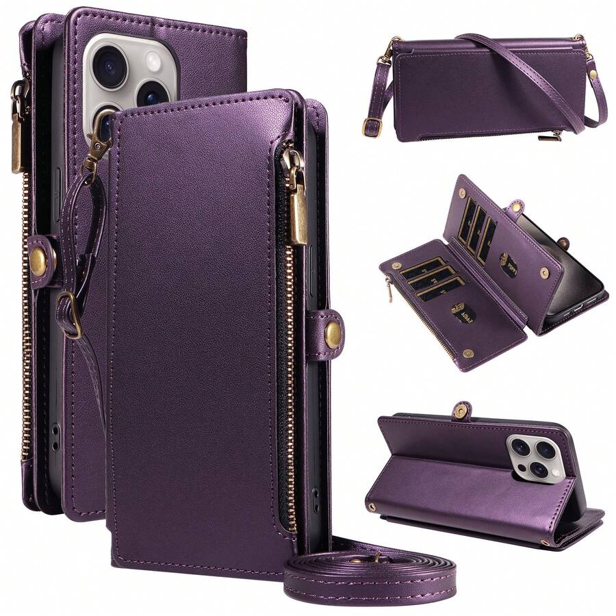 1 buah Dompet Kulit Multifungsi dengan Slot Kartu, Tali Selempang, Kompatibel dengan Apple 17 Pro Max / Series, Casing Pelindung Ponsel Flip Cover Modis untuk Belanja, Bepergian