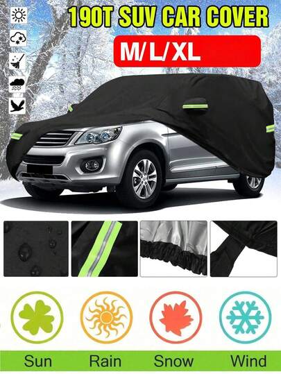 190T汽车罩，SUV汽车罩，防水户外汽车罩，适用于各种天气，包括晴天、雪天和冬季，适用于SUV、户外汽车，防雪、防雨、防紫外线 - 高级全车外部罩，带反光条和防风带