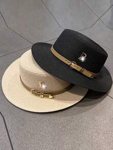 Women's Fashion Flat Top Sun Hat, Suitable For Spring/Summer Outing, Travel, Vacation, UV Protection, Beach Hat - Straw Hat - View 9