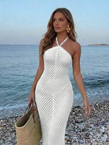 2026春夏新款薄荷蓝镂空针织长裙，采用透气镂空针织面料，吊带设计，修身剪裁，适合海滩、派对、约会等场合，尽显浪漫魅力。春夏女装，度假装，海滩休闲，浪漫约会，派对礼服，轻盈针织长裙 白色 - 白色 - 查看 8