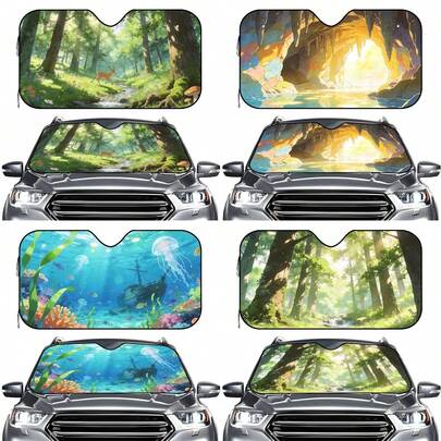 1件装精美风景印花汽车遮阳帘，前挡风玻璃遮阳帘，保持车内凉爽，适用于SUV和轿车